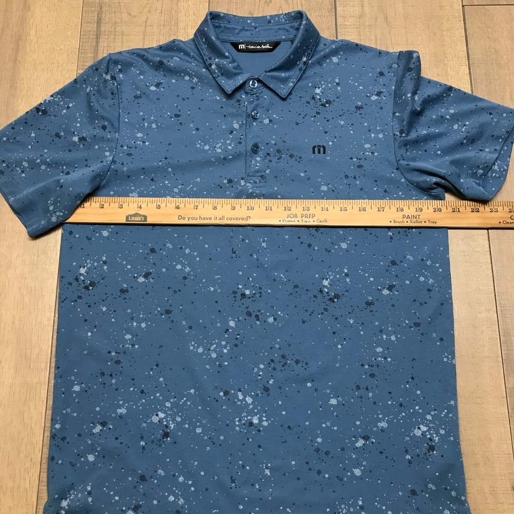 Travis Mathew Polo Shirt Mens Size M Blue Splatter Short Sleeve Golf Performance - Picture 8 of 11